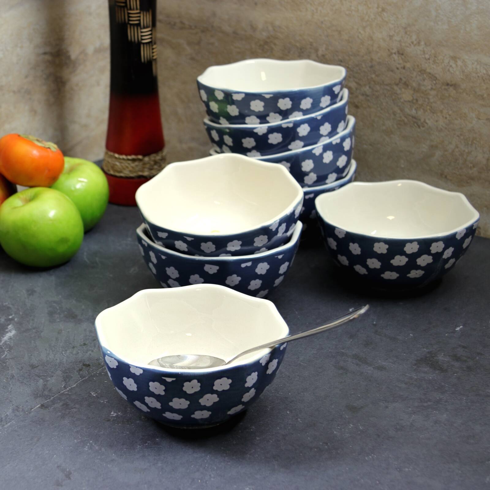 Back. Urban Market - Life On The Farm 8 Piece 4.75 Inch Octagon Shaped Durastone Fruit Bowls in Blue/White - Blue and White.