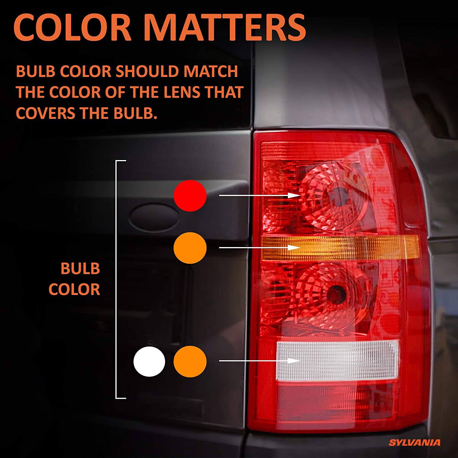 COLOR MATTERS

BULB COLOR SHOULD MATCH THE COLOR OF THE LENS THAT COVERS THE BULB.

BULB COLOR

SYLVANIA