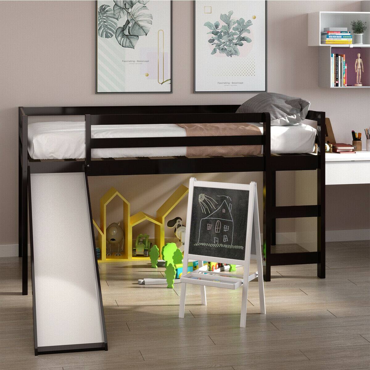 Alt View 4. Gymax - Gymax Twin Size Loft Bed with Slide Wood Low Sturdy Loft Bed Bedroom Espresso - Espresso.