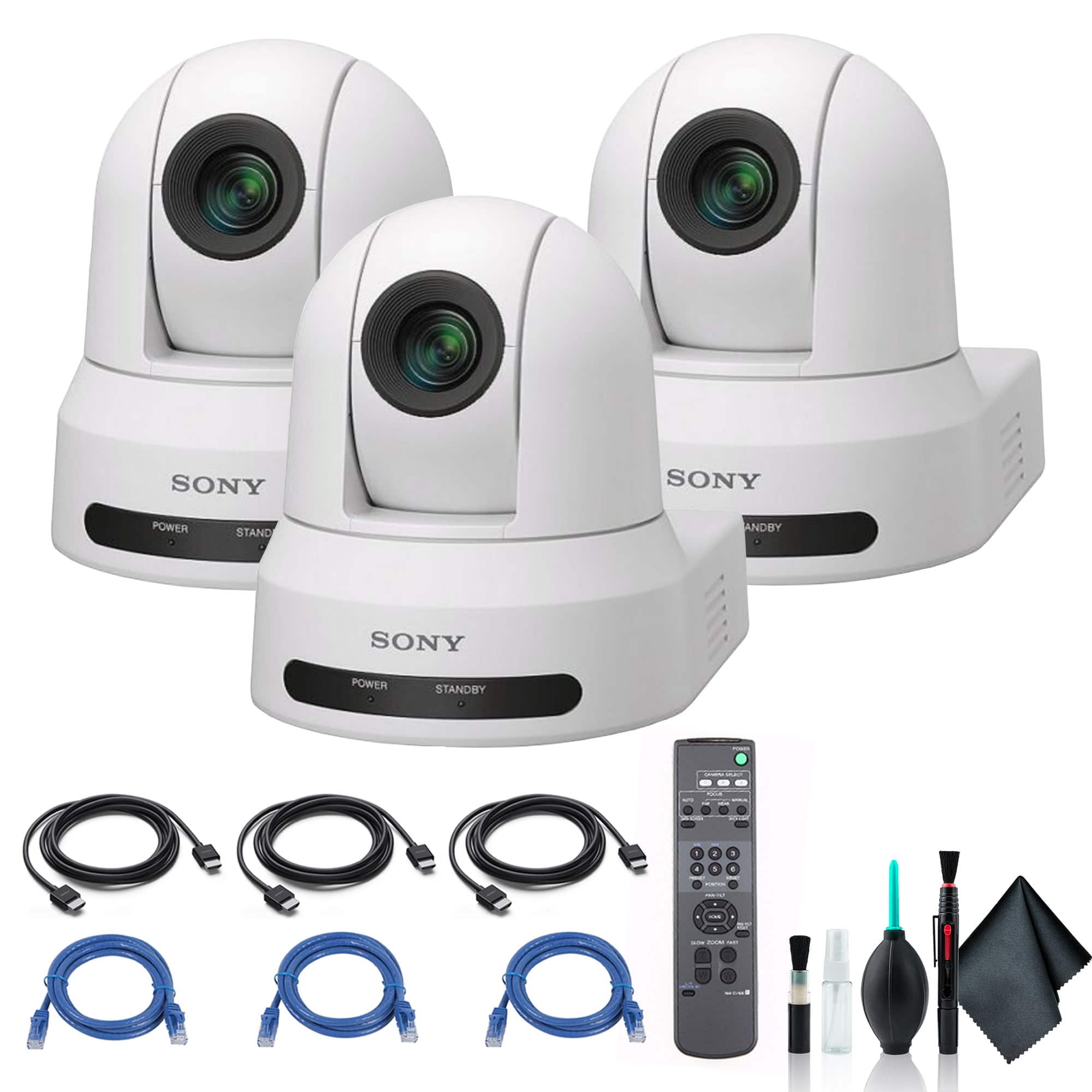 3x Sony SRG-X40UH PTZ Camera + 3x Ethernet & HDMI Cables + Cleaning Set - White