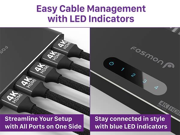 Easy Cable Management with LED Indicators

Streamline Your Setup with All Ports on One Side

Stay connected in style with blue LED indicators

4K HDMI
4K HDMI
4K HDMI
4K HDMI

fosmon
1 2 3 4
4OHz 4K 444 HDR
