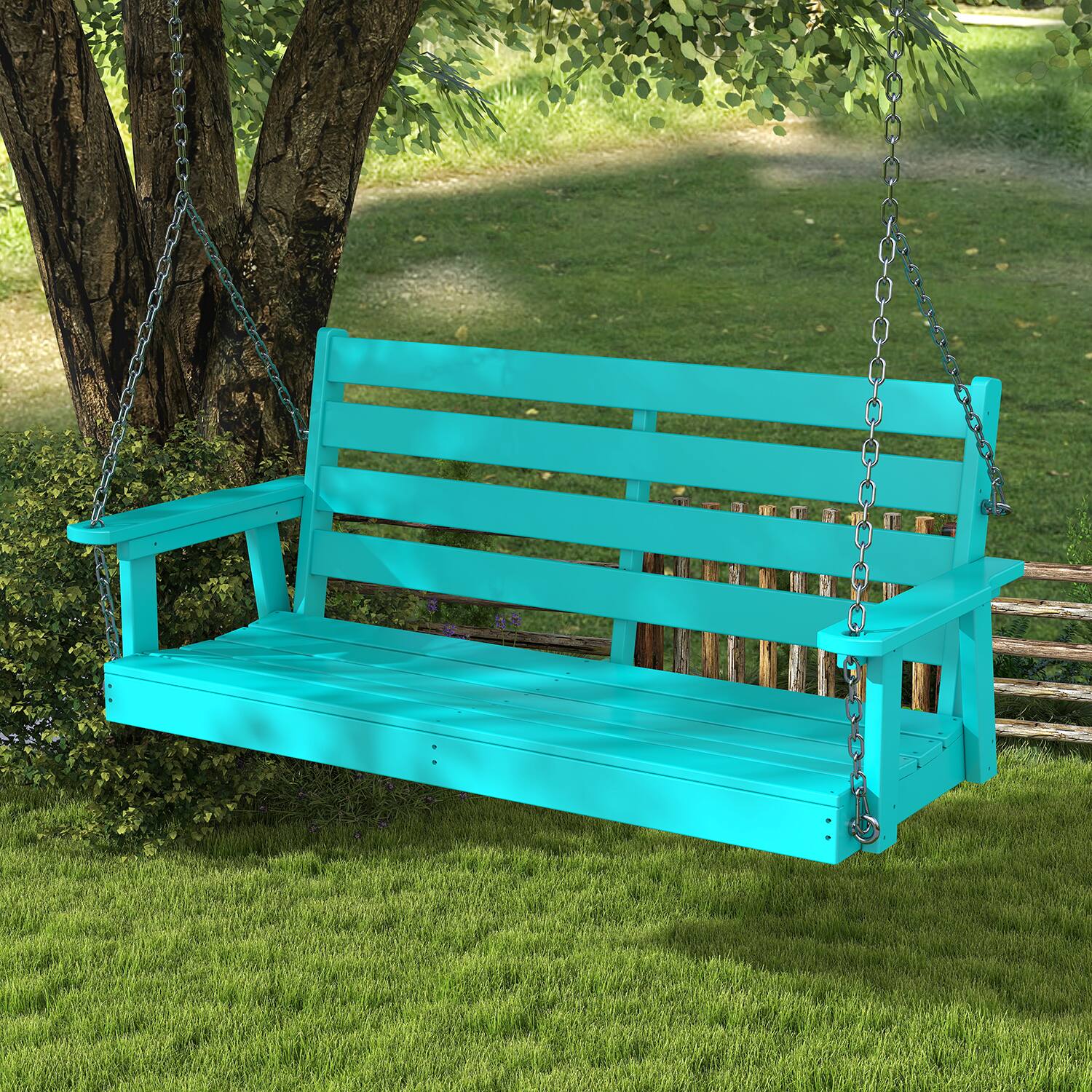 Alt View 1. FODINGHILL - 51" All Weather HDPE Porch Swing, Waterproof Outdoor Patio Bench Swing with 4 Stainless Steel Chains - Aqua.