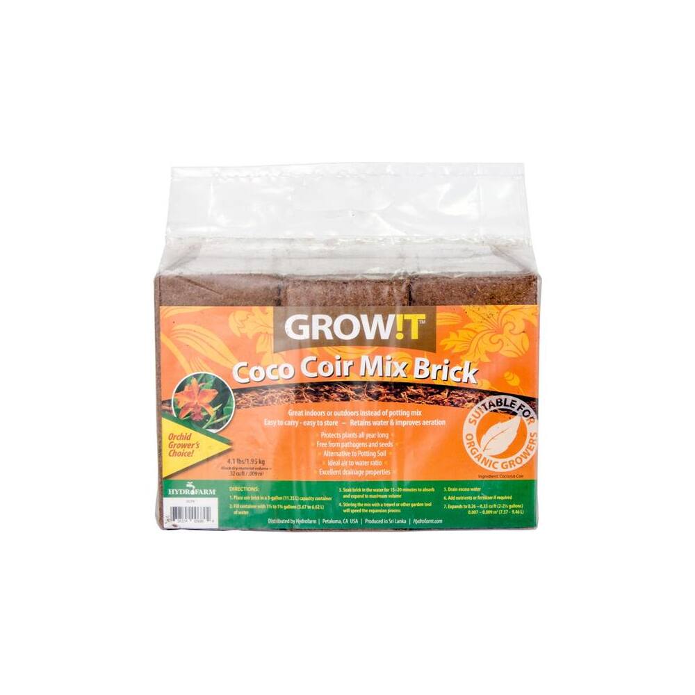 GROW!T  
Coco Coir Mix Brick  

Easy to carry  
Great for indoor or outdoor use  
Retains water & improves aeration  
SUITABLE FOR ORGANIC GROWERS  

- Orchid's Choice!  
- Protects plants from pathogens and pests  
- Ideal for drainage and water retention  
- Excellent potting soil alternative  
- Free from pathogens and pests  

41 rue de l'Eclat  
HYDR4FARM  
Sterling  
Sri Lanka  

Produced by Petaliuma  
Distributed by Hydr4farm, Australia, Canada, Europe, USA