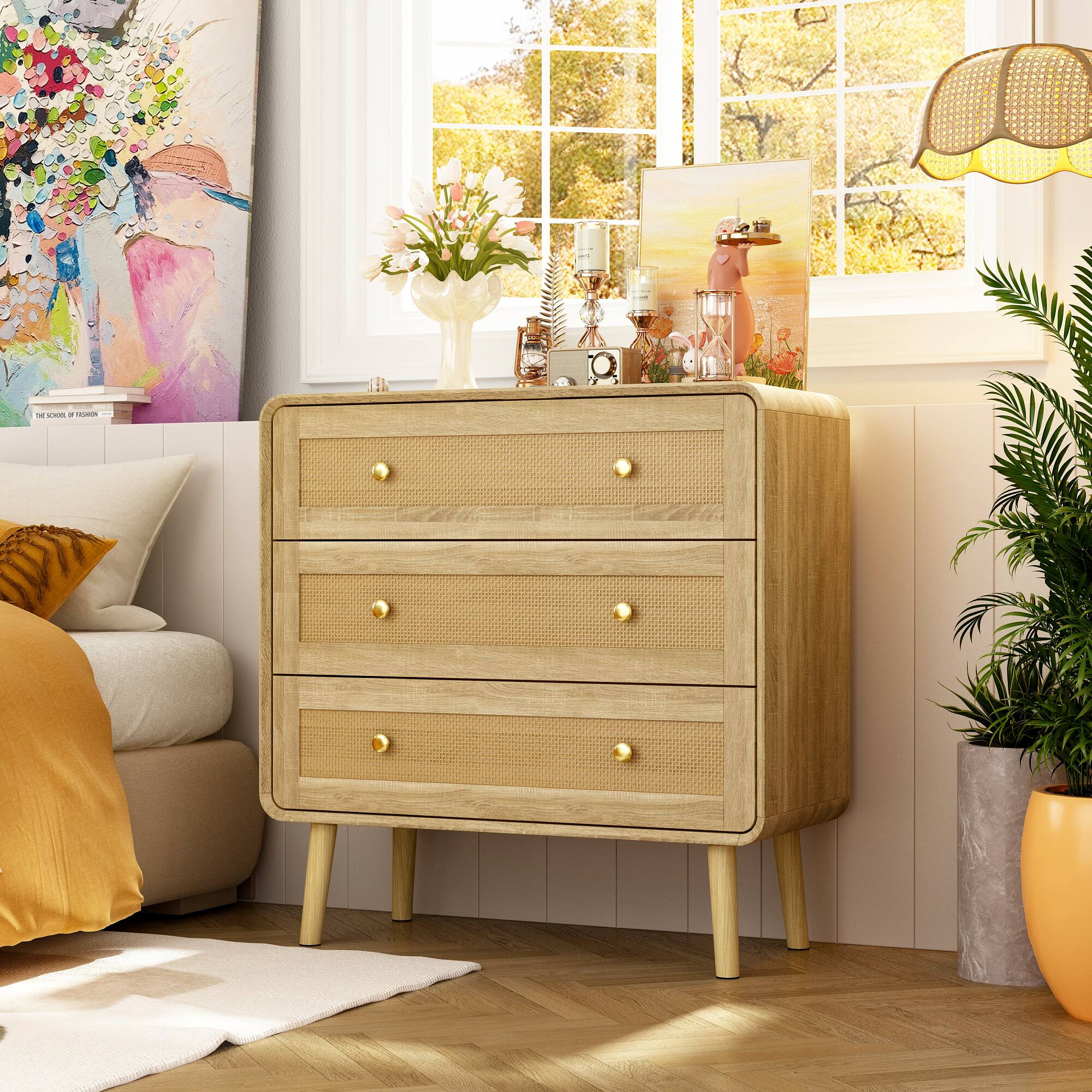 Alt View 7. Famapy - Famapy Rattan - Accented Nightstand with Rounded Corners: 3 - Drawer Storage for Bedroom & Office - Wooden.