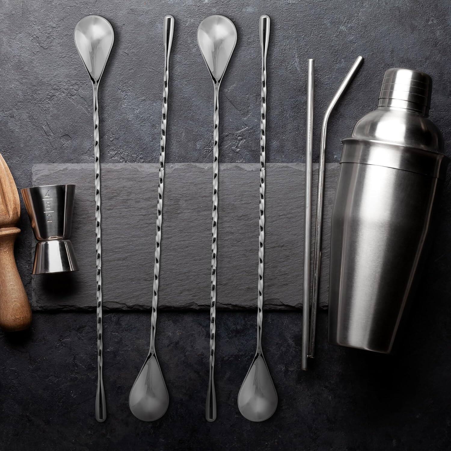 Left. Zulay Kitchen - Zulay Kitchen Premium 12 Inch Stainless Steel Cocktail Spoon - Long Attractive Spiral Design for Layering Drinks - Silver.