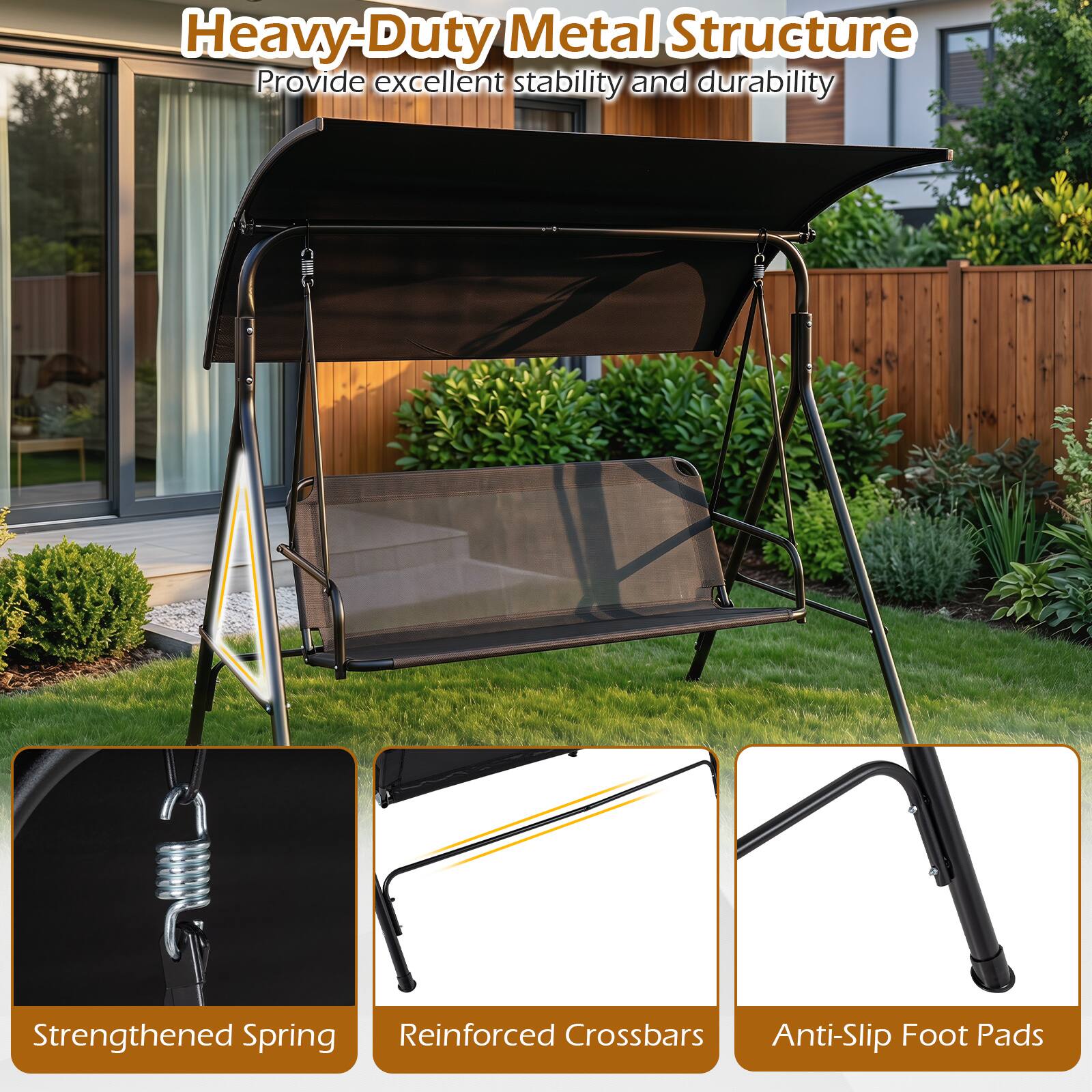Heavy-Duty Metal Structure  
Provide excellent stability and durability  
Strengthened Spring  
Reinforced Crossbars  
Anti-Slip Foot Pads