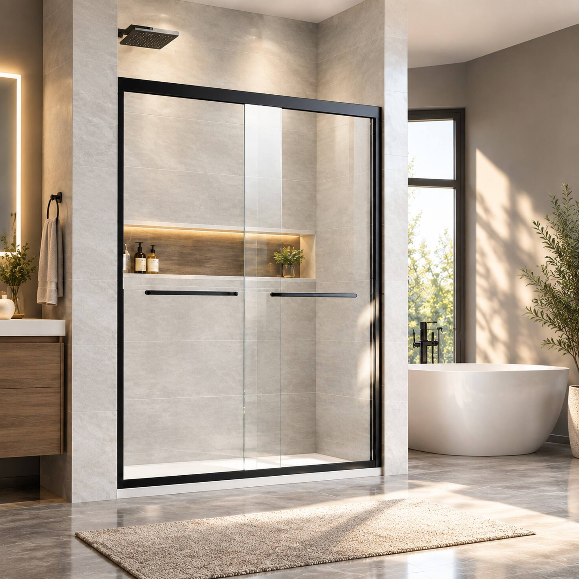 Angle. RYHNUYNE - 44-48 In W X 72 In H Semi-Frameless Sliding Shower Door, Clear Tempered Glass With Stainless Steel Handles Black Finish - Matt Black.