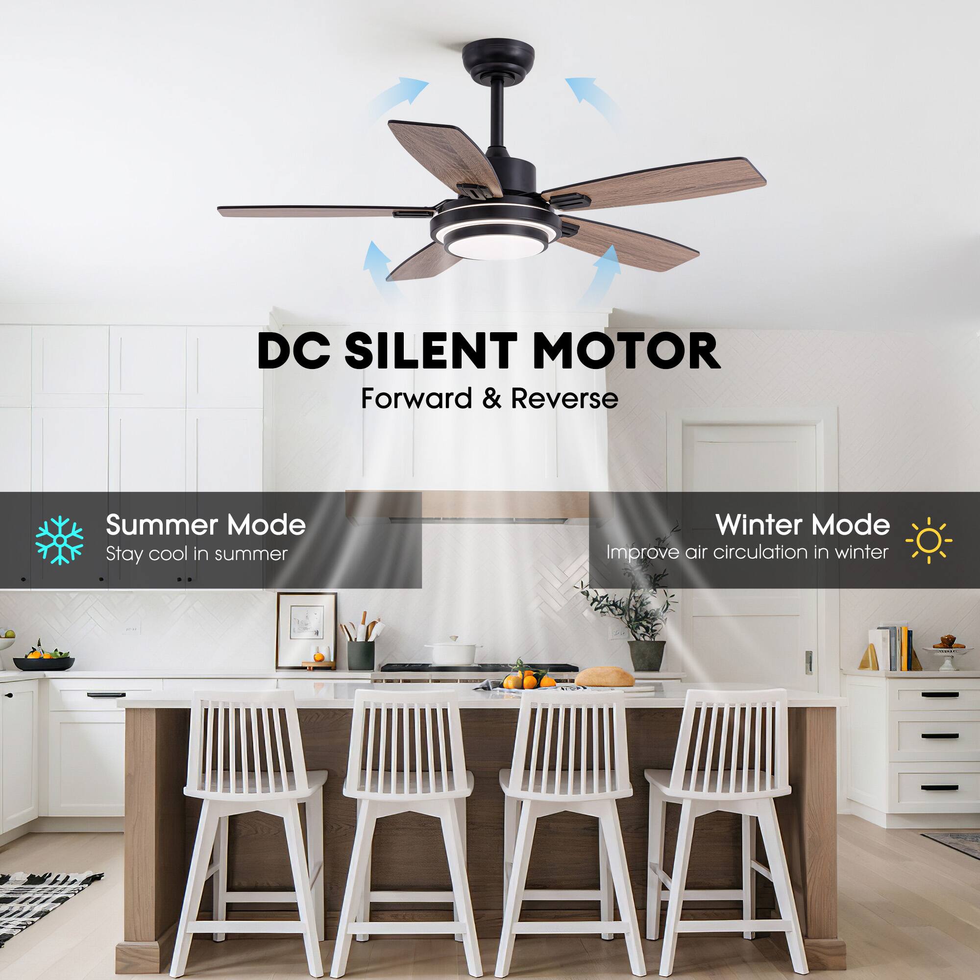 DC SILENT MOTOR  
Forward & Reverse  

Summer Mode  
Stay cool in summer  

Winter Mode  
Improve air circulation in winter