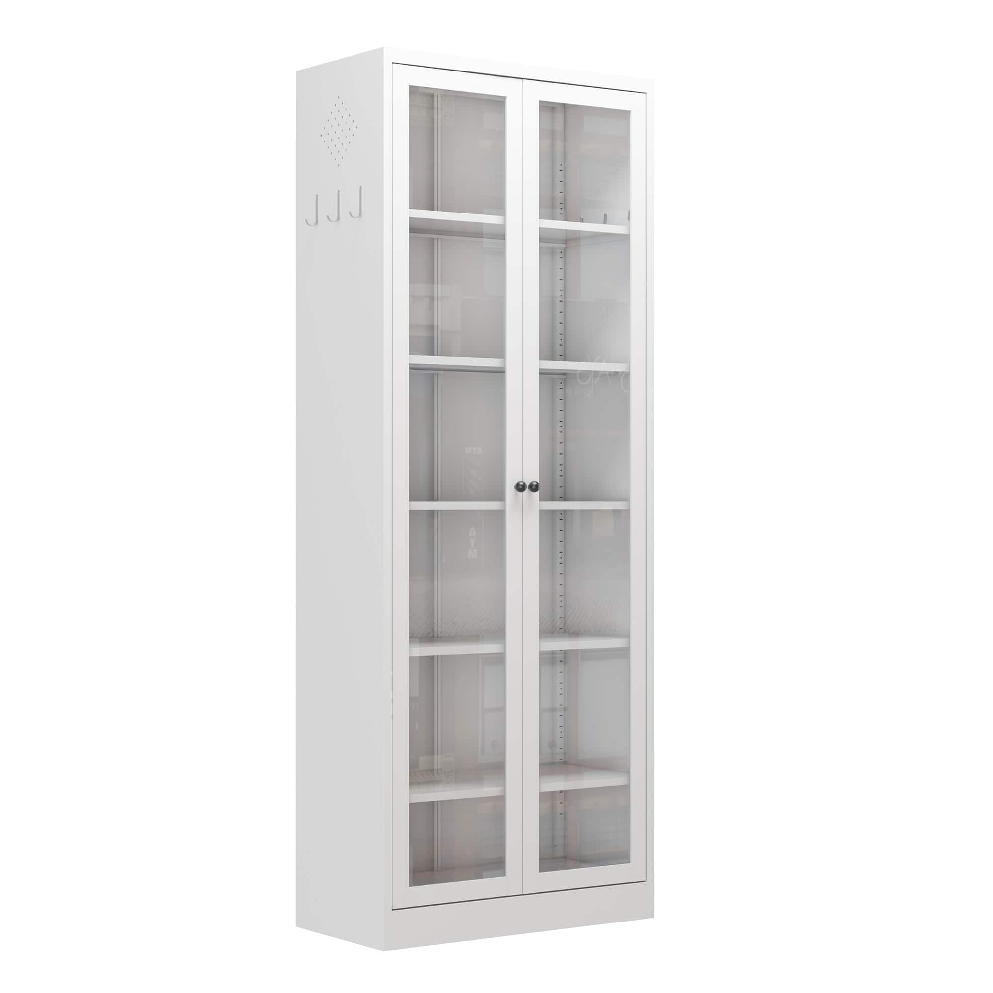 Dexmalle - Dexmalle-72" Tall Freestanding Kitchen Storage Cabinet with 5 Adjustable Shelves and Glass Display Door - White