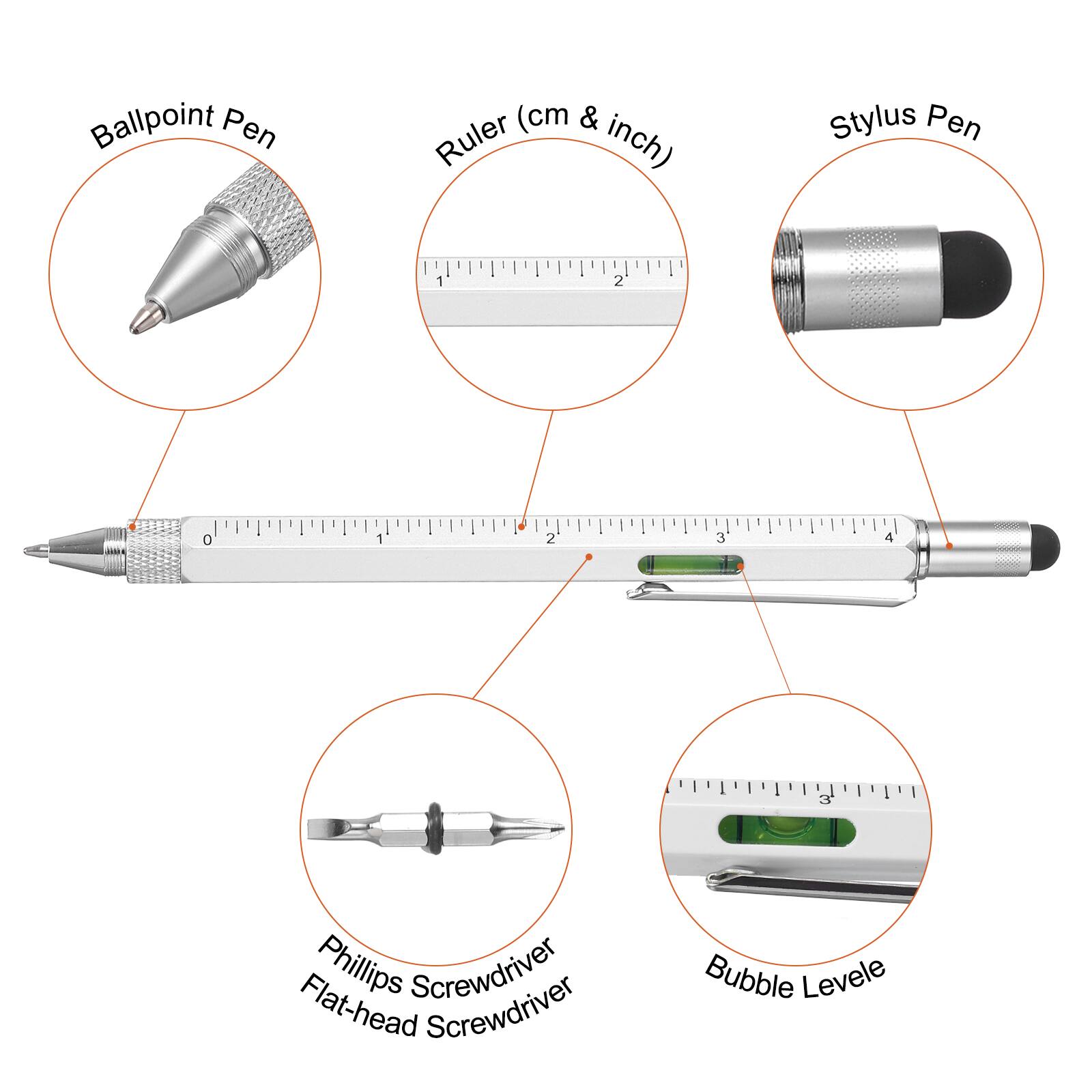 Ballpoint Pen (cm & Ruler inch)  
Stylus Pen  
1 2 0 2 3 4 3'  
Phillips Screwdriver  
Flat-head Screwdriver  
Bubble Level
