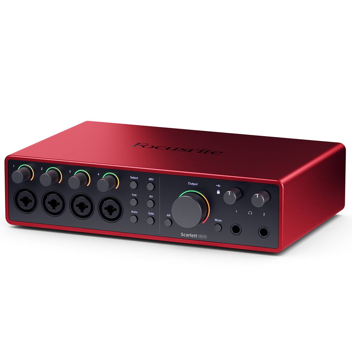 Focusrite Scarlett 18i16

- Input 1
- Input 2
- Input 3
- Input 4
- Select
- 48V
- Inst
- Air
- Auto
- Safe
- Alt
- Output
- Mute
- 1
- 2