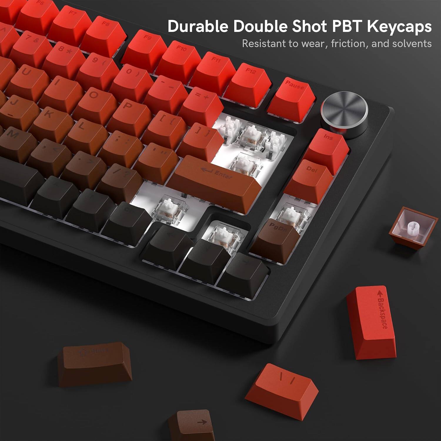 F6 F7 FB A 7 & 8 * 9 ( U I O J K L M Durable Double Shot PBT Keycaps F9 Resistant to wear, friction, and solvents F10 F11 o ) F12 - | Pause = + P [ { ] } Ins / Enter Del PgDn St <Backspace