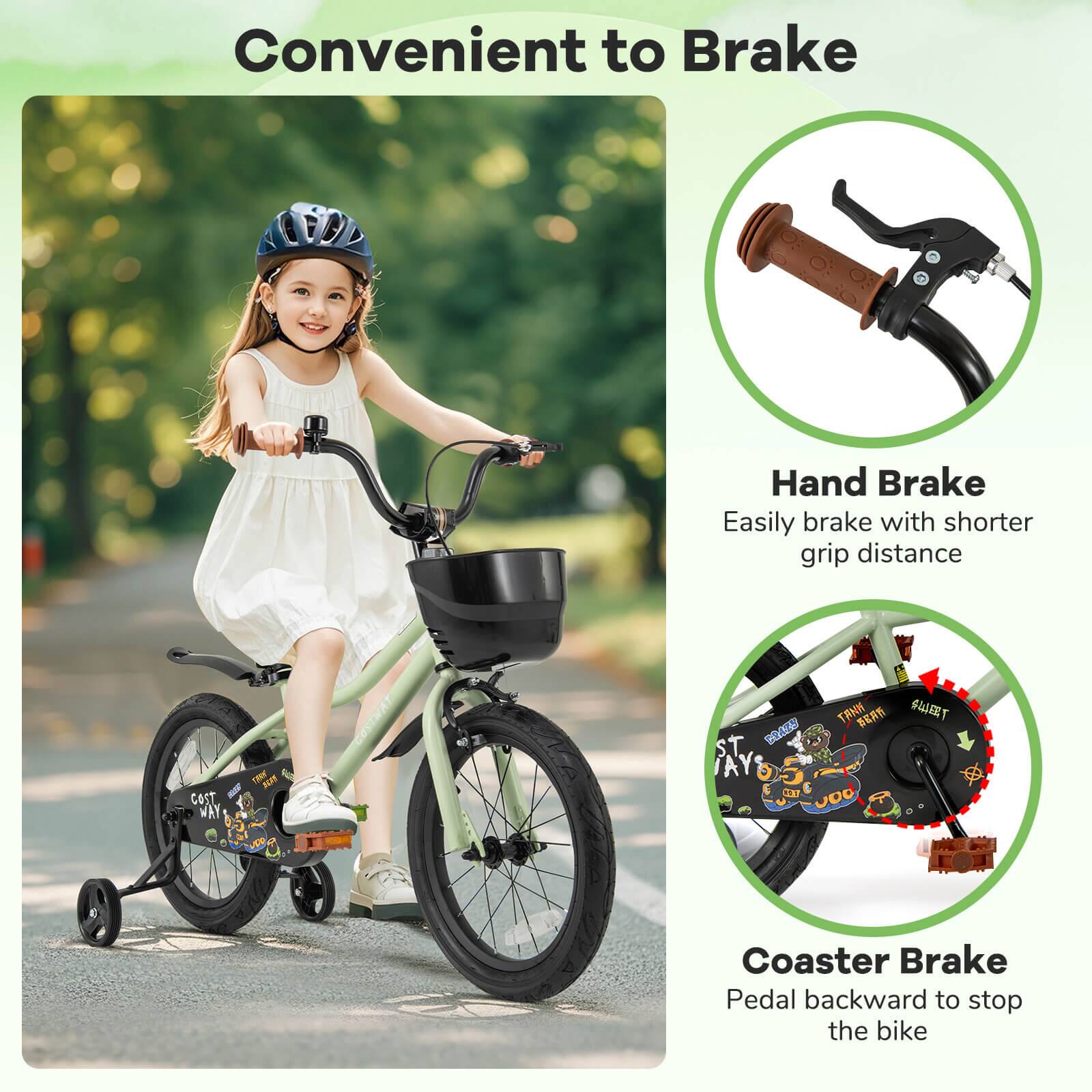 Convenient to Brake

Hand Brake  
Easily brake with shorter grip distance

Coaster Brake  
Pedal backward to stop the bike