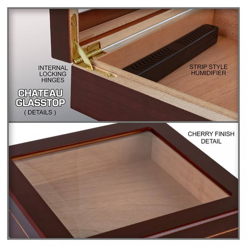INTERNAL LOCKING HINGES  
CHATEAU GLASSTOP (DETAILS)  
STRIP STYLE HUMIDIFIER  
CHERRY FINISH DETAIL