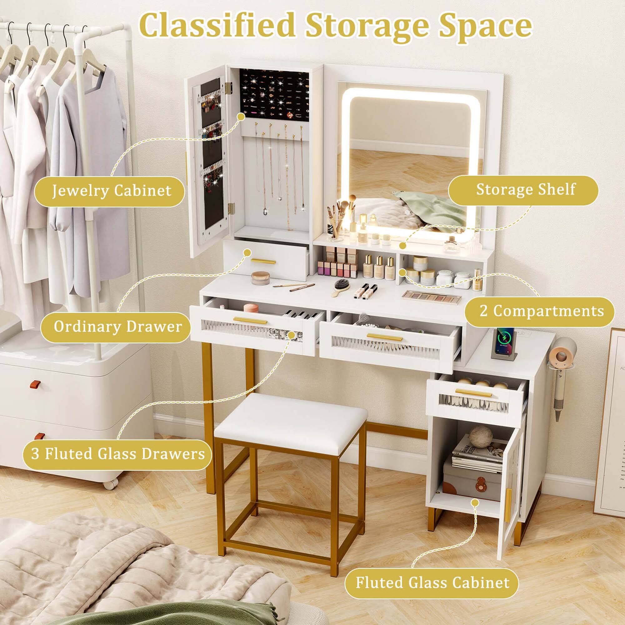 Classified Storage Space

- Jewelry Cabinet
- Ordinary Drawer
- 3 Fluted Glass Drawers
- Storage Shelf
- 2 Compartments
- Fluted Glass Cabinet
