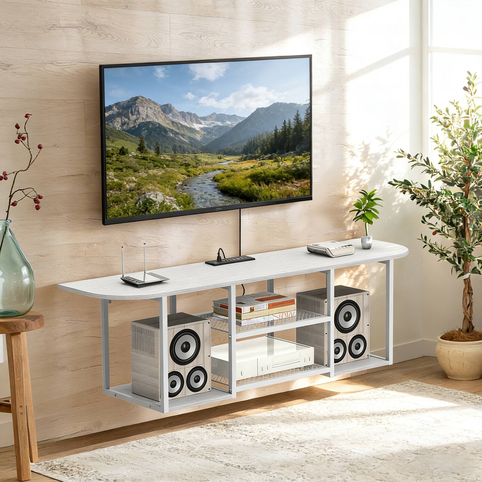 Angle. Oumilen - White Floating TV Stand with Power Outlet, Wall-Mounted Media Console - White.