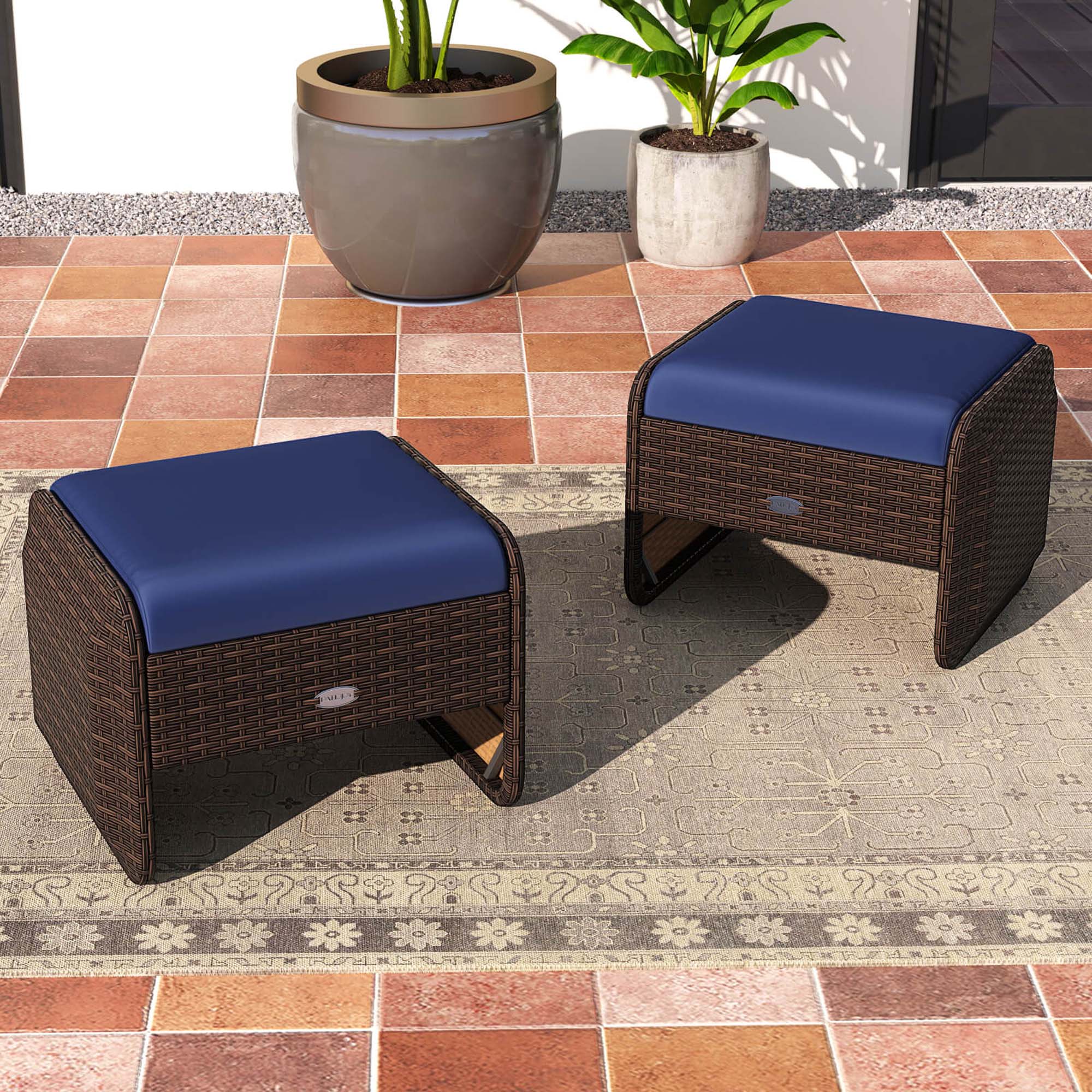 Angle. Costway - 2 Pieces Outdoor Patio PE Wicker Ottomans with Removable Cushions Footstools - Mixed Brown + Navy.