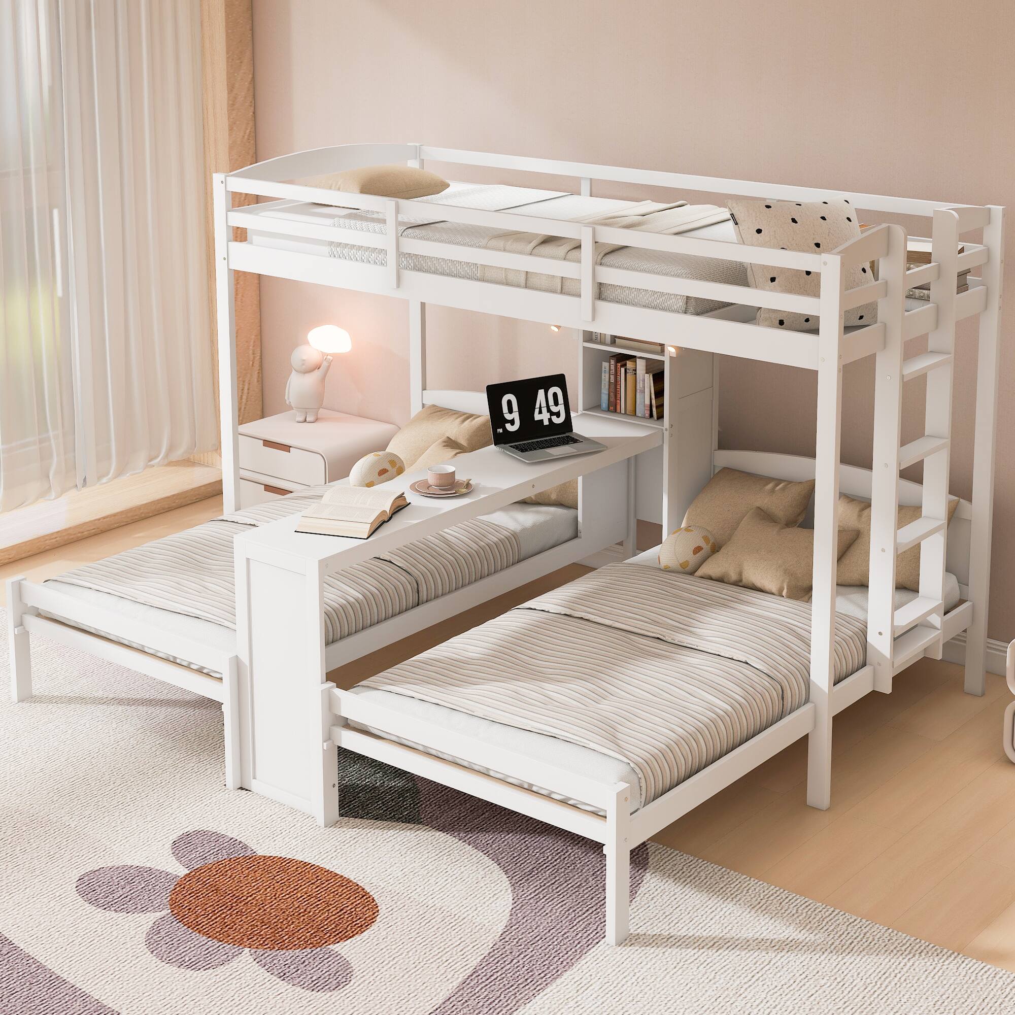 Angle. Anysun - 3 Beds in 1 Design Twin Bunk Bed with Built-in Desk, Storage Shelves & Reading Lamp, Space-Saving Multi-Function - White.