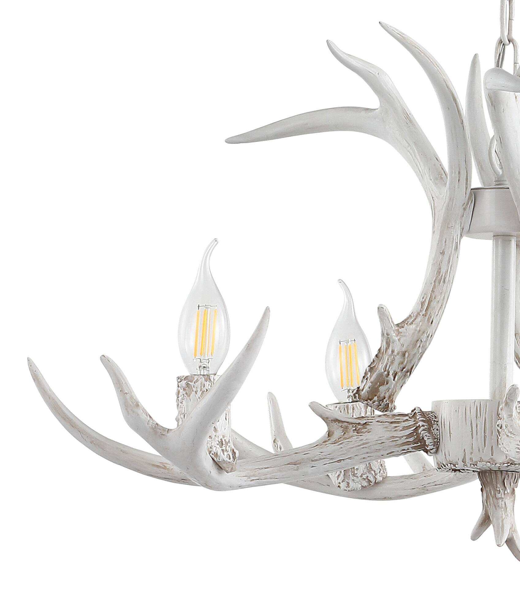 Alt View 4. Jonathan Y - Eldora 26" 4-Light Rustic Farmhouse Adjustable Resin Antler LED Chandelier, White - Antique White.