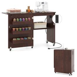 Costway - Folding Sewing Table Rolling Craft Station with 3 Storage Bins & Charging Station - Brown