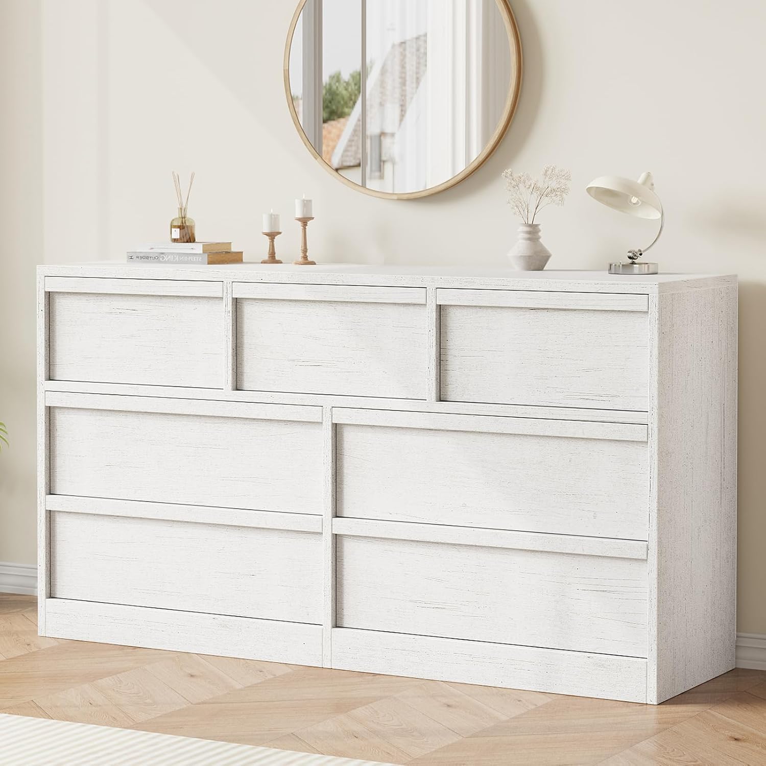 Front. Homhougo - 7 Drawer Dresser for Bedroom, 54in Wide Antique White 7 Chest of Drawers with Large Storage, Wooden Dresser Organizer - White 7 Drawers.