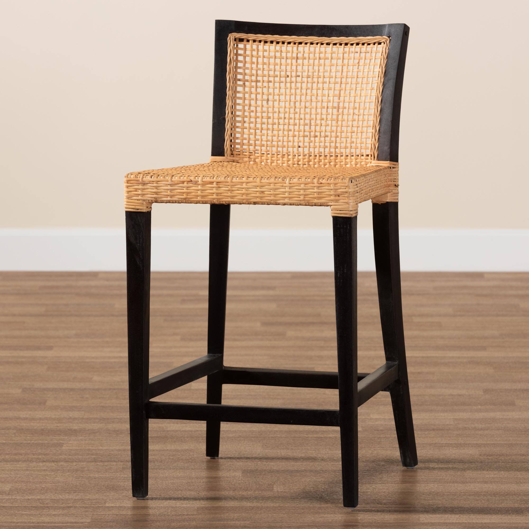 Alt View 5. bali & pari - Lingga Modern Bohemian Mahogany Wood and Natural Rattan Counter Stool - Dark Brown/Natural Brown.