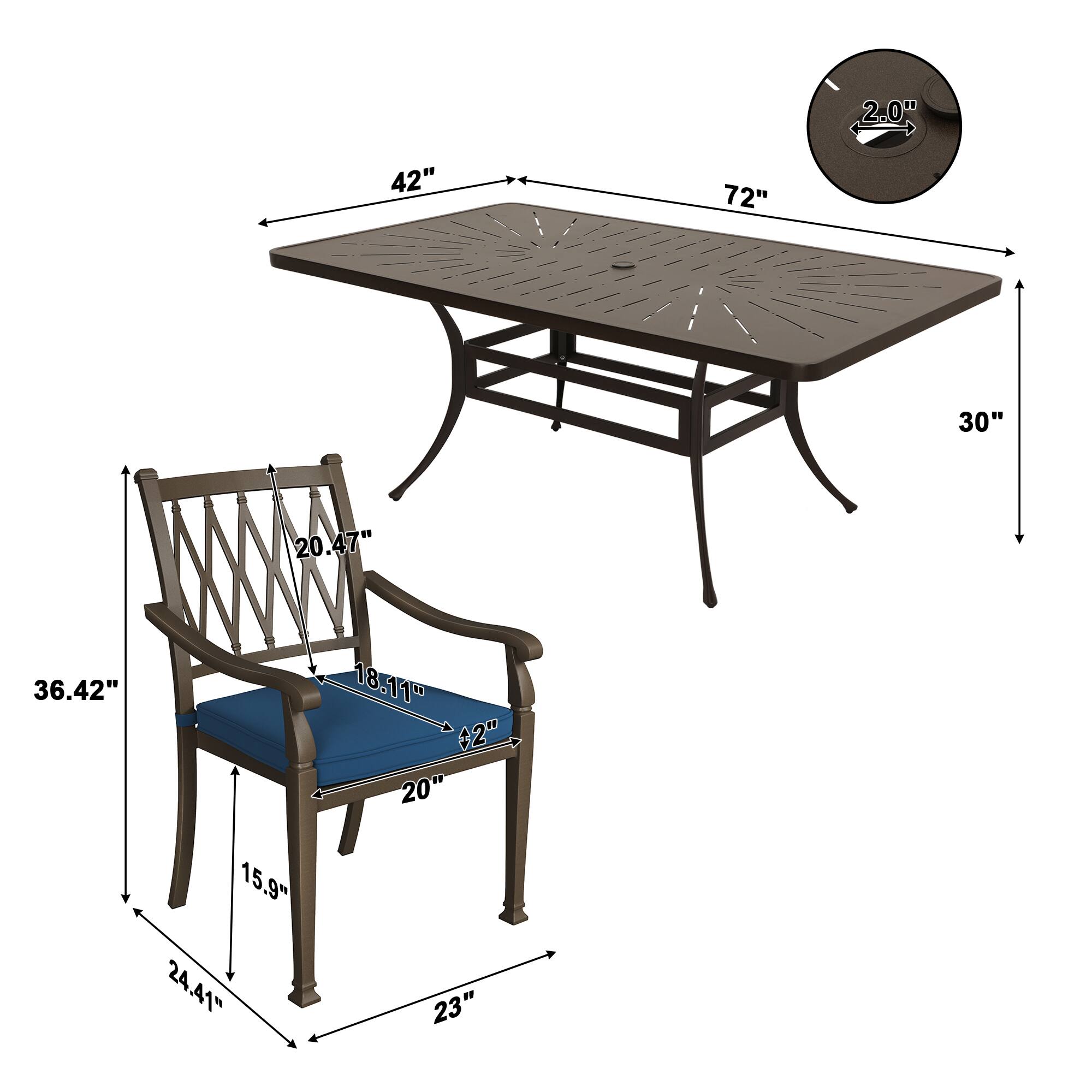Sure, here is the corrected and grouped text from the image:

- Table:
  - Length: 72"
  - Width: 42"
  - Height: 30"

- Chair:
  - Height: 36.42"
  - Width: 24.41"
  - Depth: 23"
  - Seat Height: 18.11"
  - Seat Width: 20"
  - Back Height: 20.47"
  - Back Width: 15.9"

- Additional:
  - Diameter of the table: 2.0"