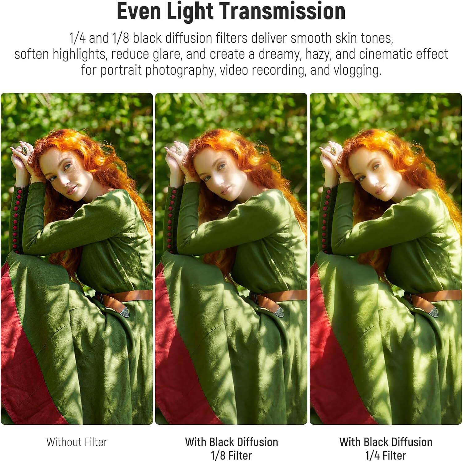 Even Light Transmission

1/4 and 1/8 black diffusion filters deliver smooth skin tones, soften highlights, reduce glare, and create a dreamy, hazy, and cinematic effect for portrait photography, video recording, and vlogging.

Without Filter

With Black Diffusion 1/8 Filter

With Black Diffusion 1/4 Filter