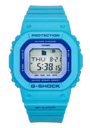PROTECTION
ALARM CHRONO
CASIO
ADJUST MODE
THU 8-21 5:38 15 SNZ ALM SILE MUTE
LIGHT SEARCH
WATER 20BAR RESIST
G-SHOCK
G-LIDE