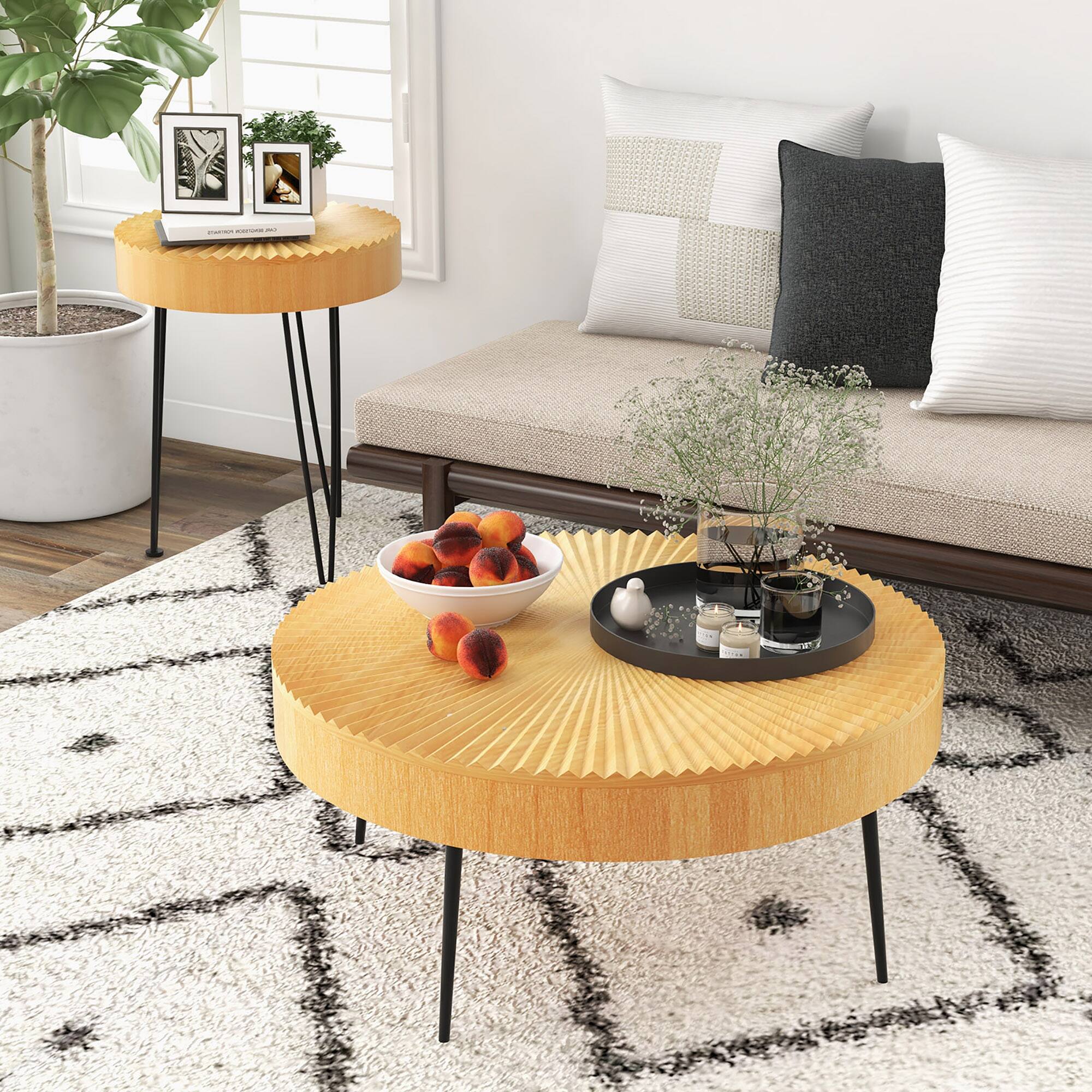 Alt View 12. Costway - Farmhouse Round Coffee Table Set of 2 End Table Natural Finish for Living Room - Natural.