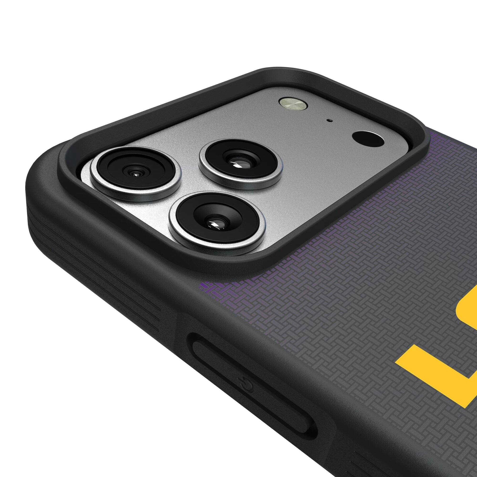Alt View 2. Keyscaper - LSU Tigers Linen Logo iPhone Bump Case - 16 Pro - Black.