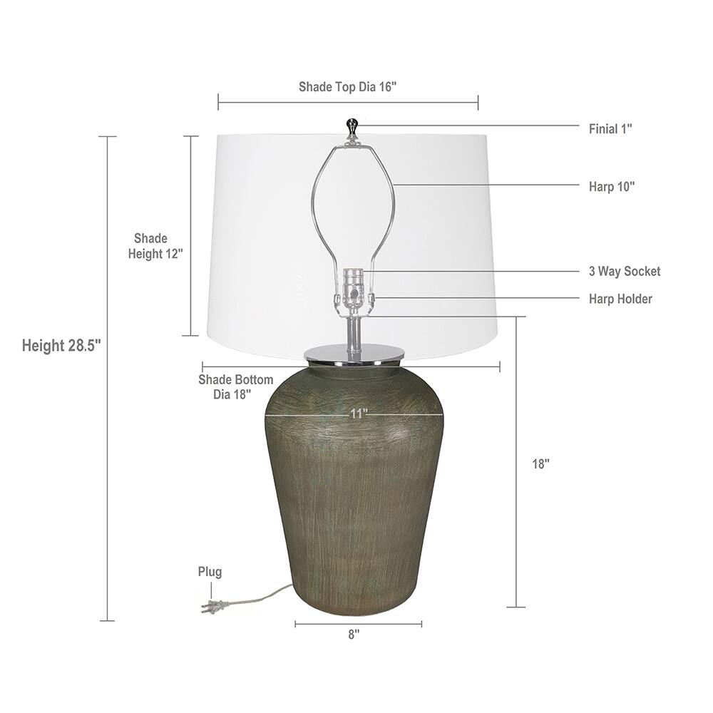Shade Top Dia 16"  
Finial 1"  
Harp 10"  
Shade Height 12"  
3 Way Socket  
Harp Holder  
Shade Bottom Dia 18"  
Height 28.5"  
Plug 8"