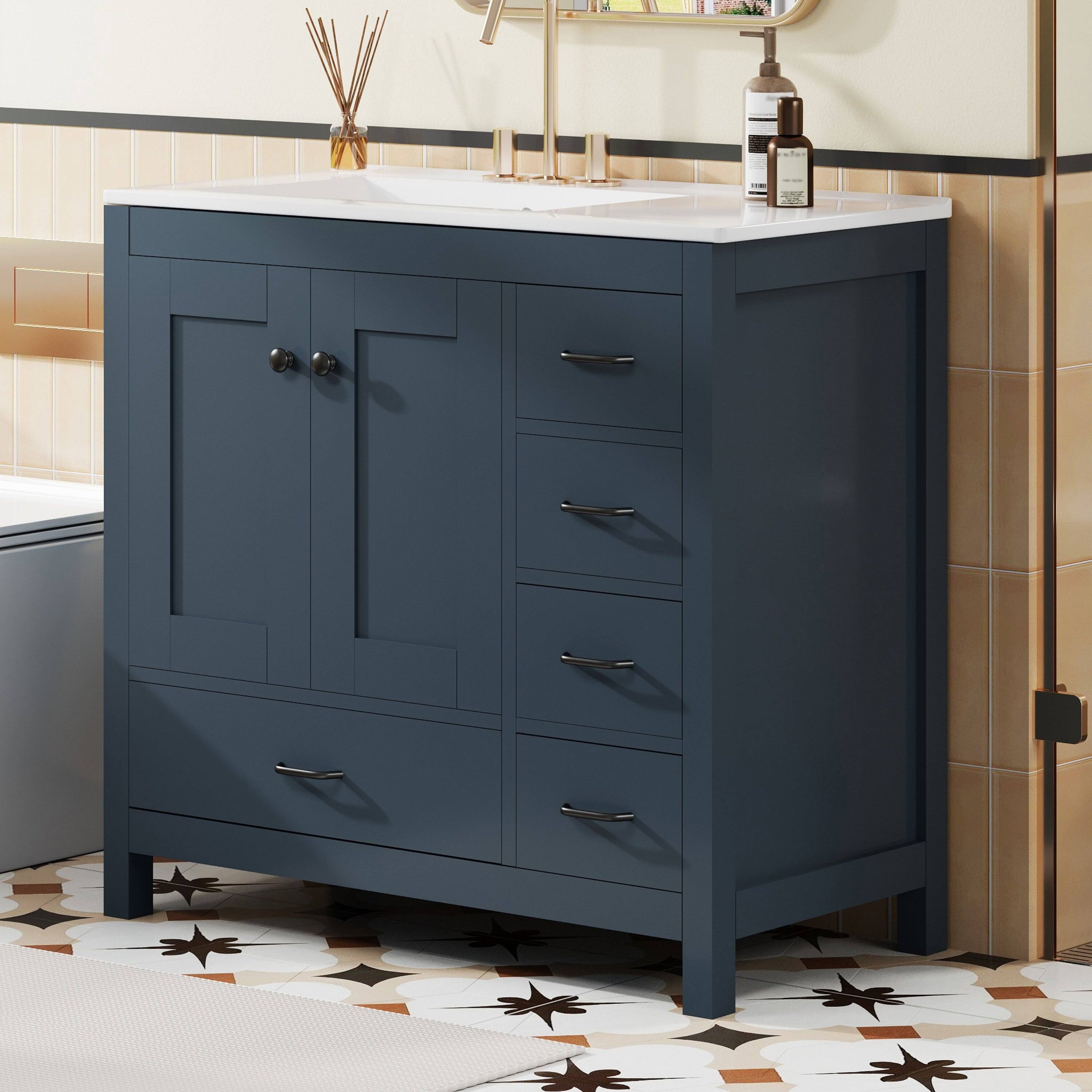 Alt View 4. Boyel Living - 36 Inch Blue Bathroom Vanity with Ceramic Sink, 2 Soft Close Doors, 5 Drawers - Gray.