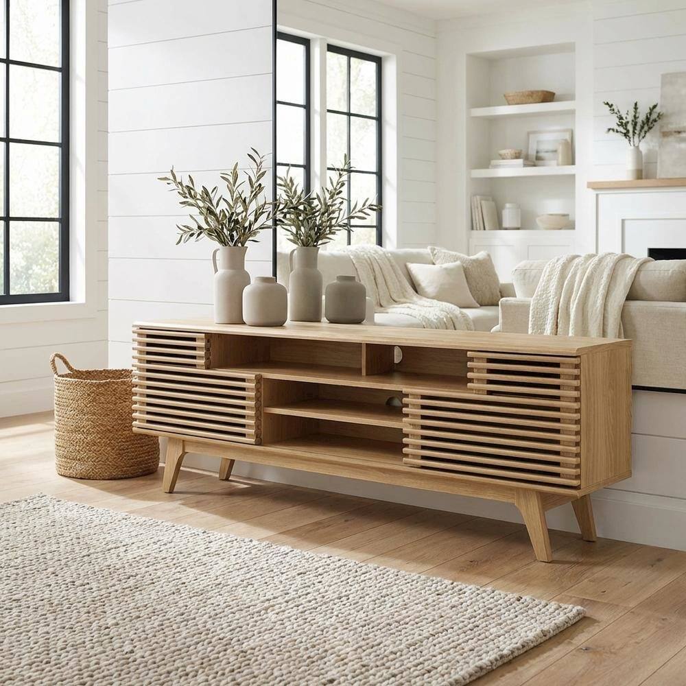 Angle. FurniFact - Wooden Brown TV Stand with Spacious Storage and Modern Design - Brown.