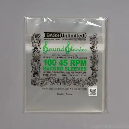 BAGS Unlimited
THIS IS A SATISFACTION GUARANTEED PRODUCT
BoundCleeves
PROTECT YOUR SINGLES, THEY WILL SOUND BETTER & LAST LONGER
100 45 RPM RECORD SLEEVES
CRYSTAL CLEAR RESEALABLE POLYPROPYLENE
CODE: SPP45R
SIZE: 7-1/4 x 7-1/4 x 1.5 mil
www.BagsUnlimited.com
1-800-767-2247
Made in China
Bagstulimited.com