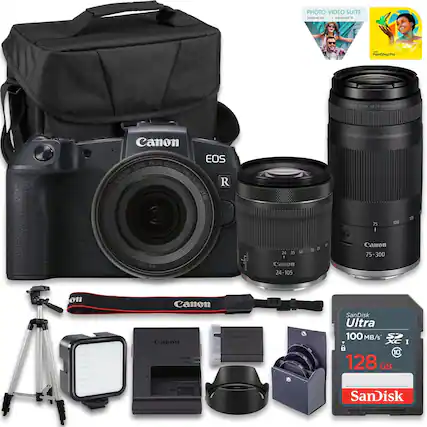 PHOTO-VIDEO SUITE huntza A t - FaintShop Pres CANON LENS 8F75-100mm rass Canon EOS LENS RF24-105mm CANON F4-7.1 R IS STM 75 I 100 5 ww/9e I e 70 243550 24 35 50 - Canon 24-105 Canon 75-300 on Canon Canon Canon HAME SanDisk Ultra 100 MB/s' SP XC I 10 128 GB SanDisk