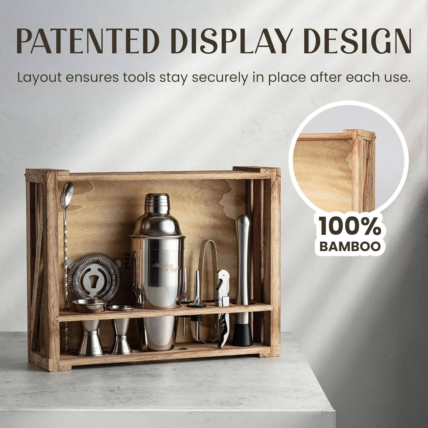 PATENTED DISPLAY DESIGN  
Layout ensures tools stay securely in place after each use.  

100% BAMBOO