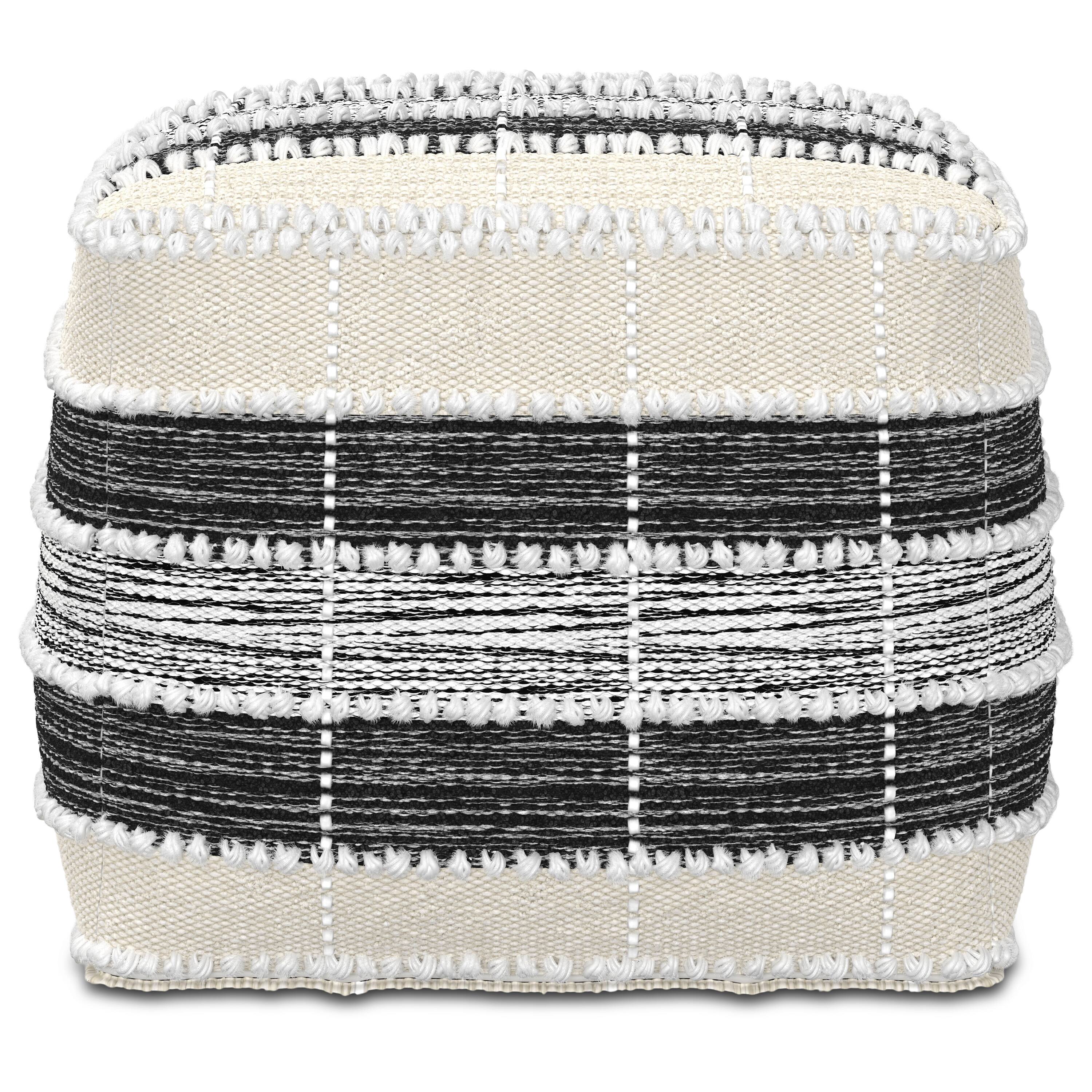 Left. Simpli Home - Simpli Home Barley 18 inch Wide Square Pouf in White, Beige and Black Woven Polyester - White, Beige, Black.