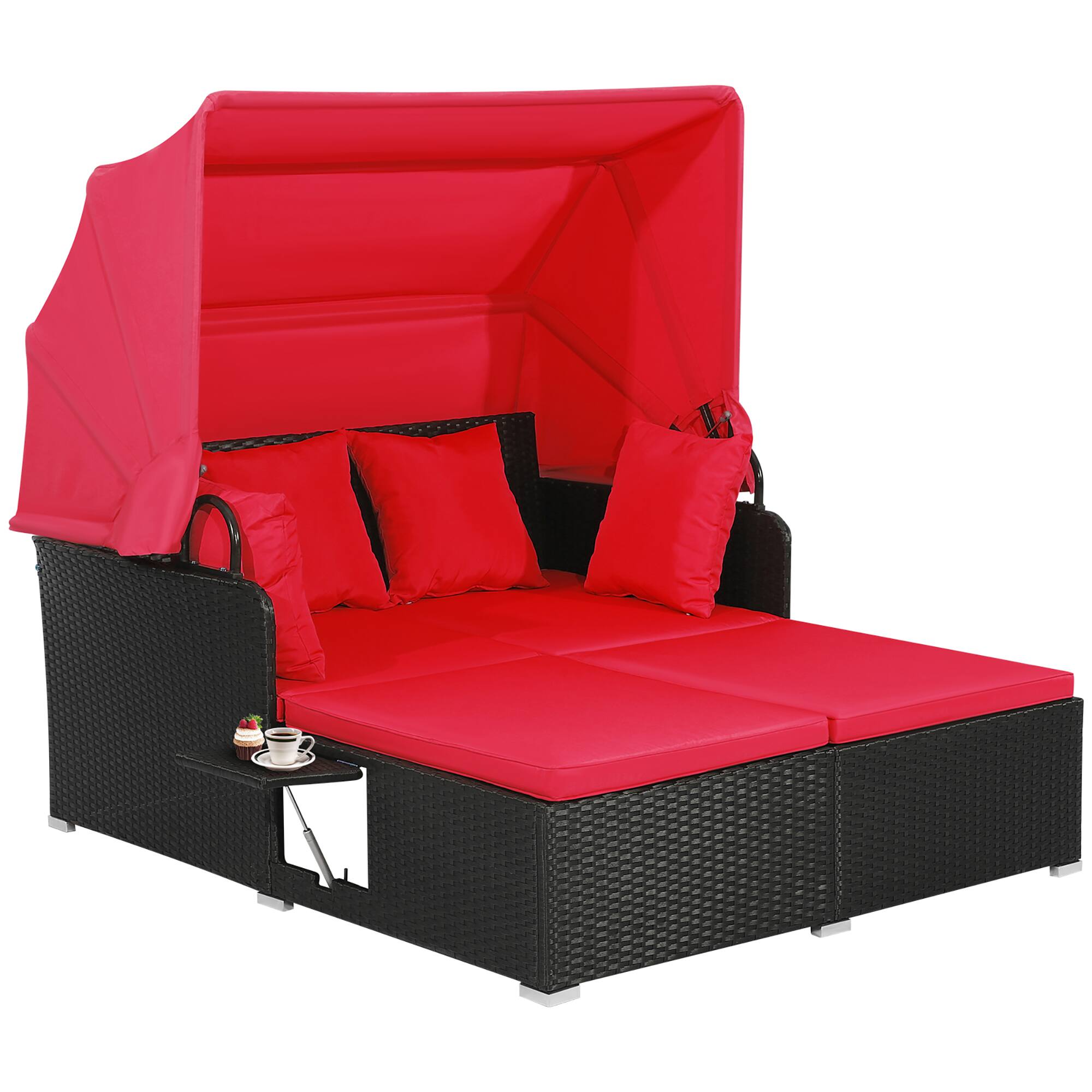 Alt View 9. Gymax - Gymax Patio Hand-Woven PE Wicker Daybed Outdoor Loveseat Sofa Set w/ Red Cushions - Red.