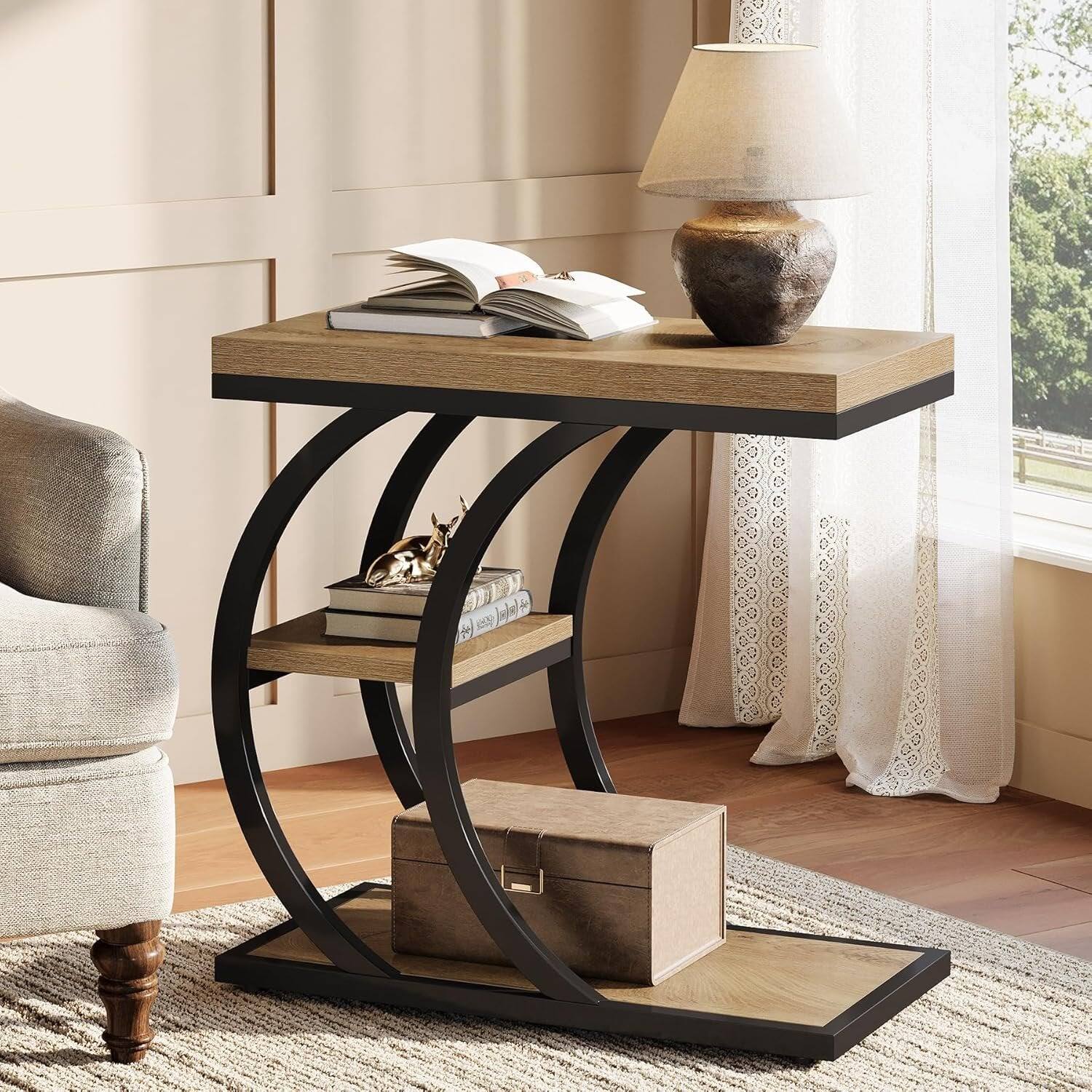 Front. Tribesigns - End Table with Engineered Wood Construction, Wood Grain Finish and Space-Saving Design for Living Room - Brown.