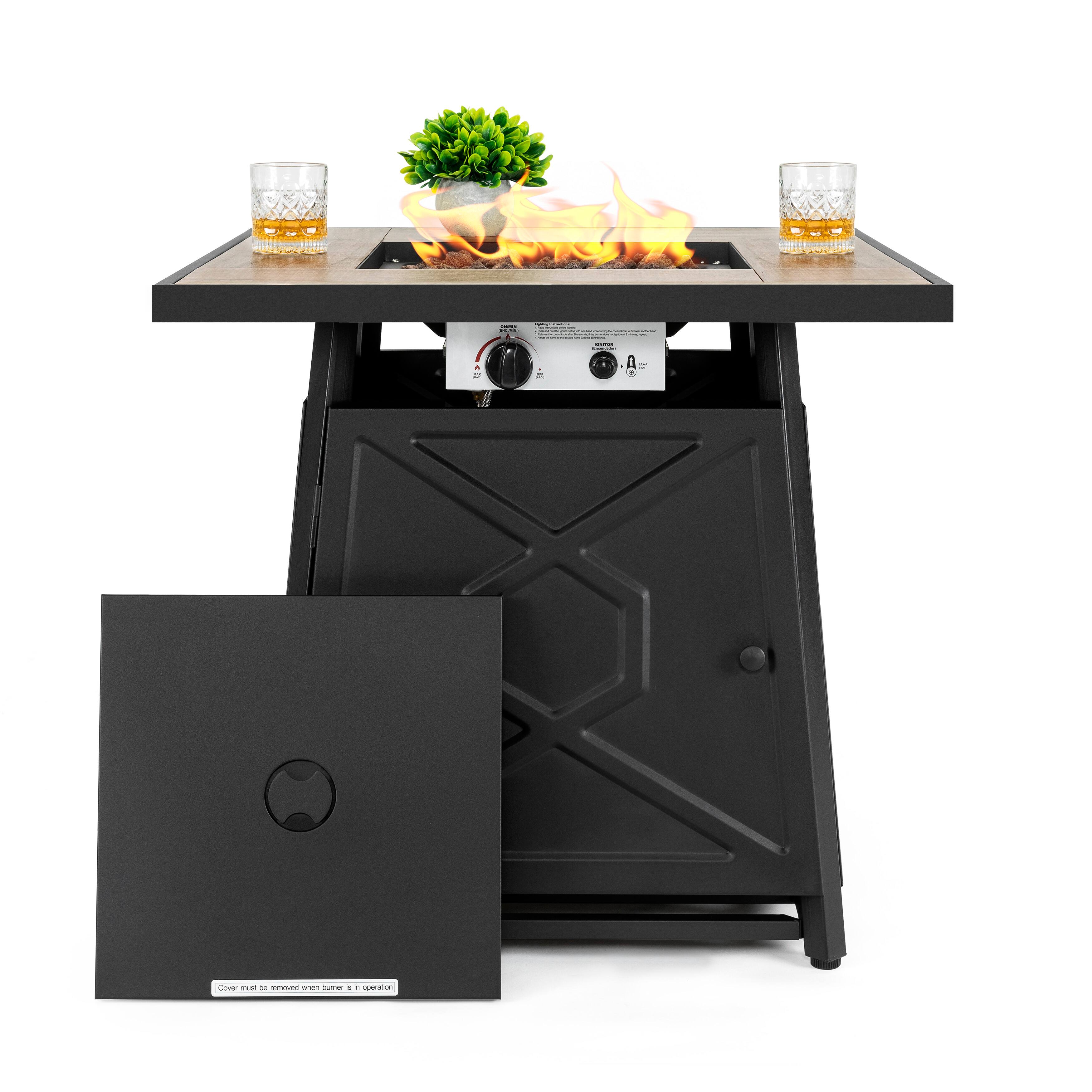 Front. Nuu Garden - Outdoor 28 Inch 50,000 BTU Propane Gas Fire Pit Table with Cover, Lid and Lava Rocks - brown, matte black.