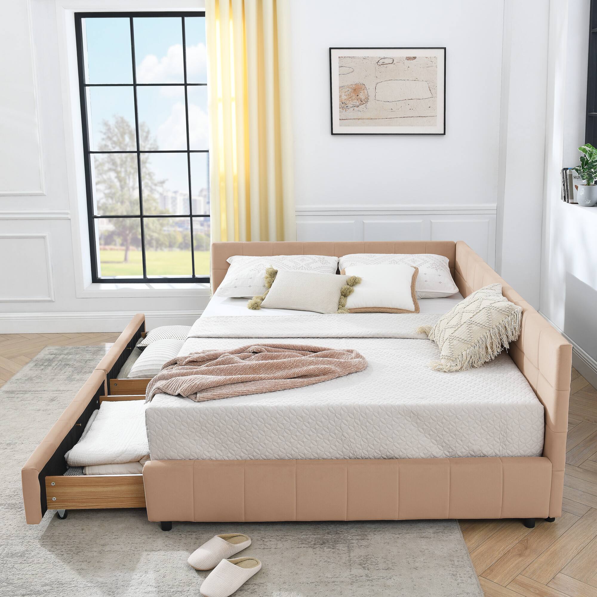 Back. Anysun - Queen Velvet Tufted Storage Bed Frame - Sofa Bed with Backrest & Armrests for Bedroom or Living Room - Pink.