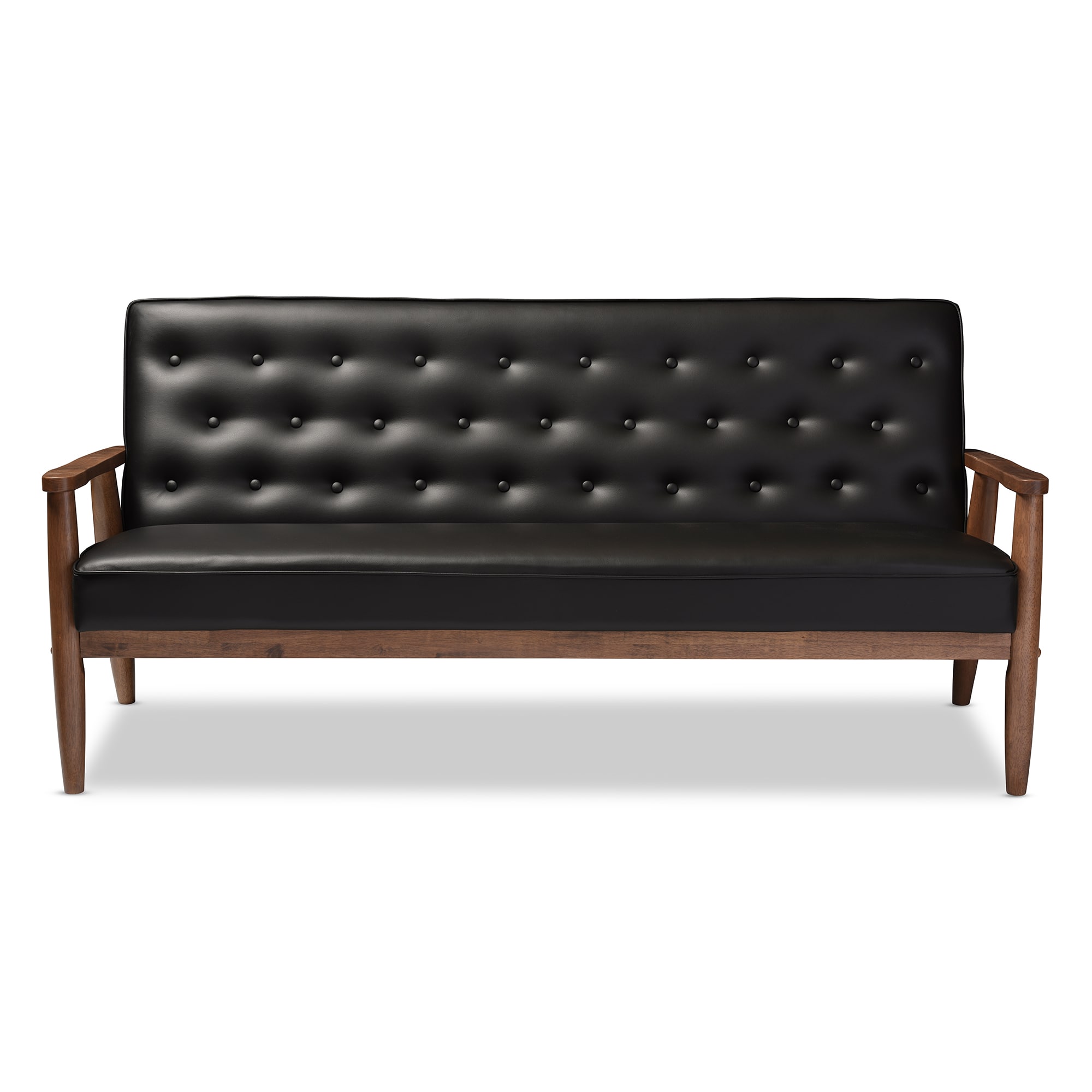 Baxton Studio - Sorrento Mid-century Retro Modern Faux Leather Upholstered Wooden 3-seater Sofa - Black