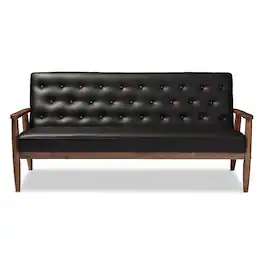 Baxton Studio - Sorrento Mid-century Retro Modern Faux Leather Upholstered Wooden 3-seater Sofa - Black