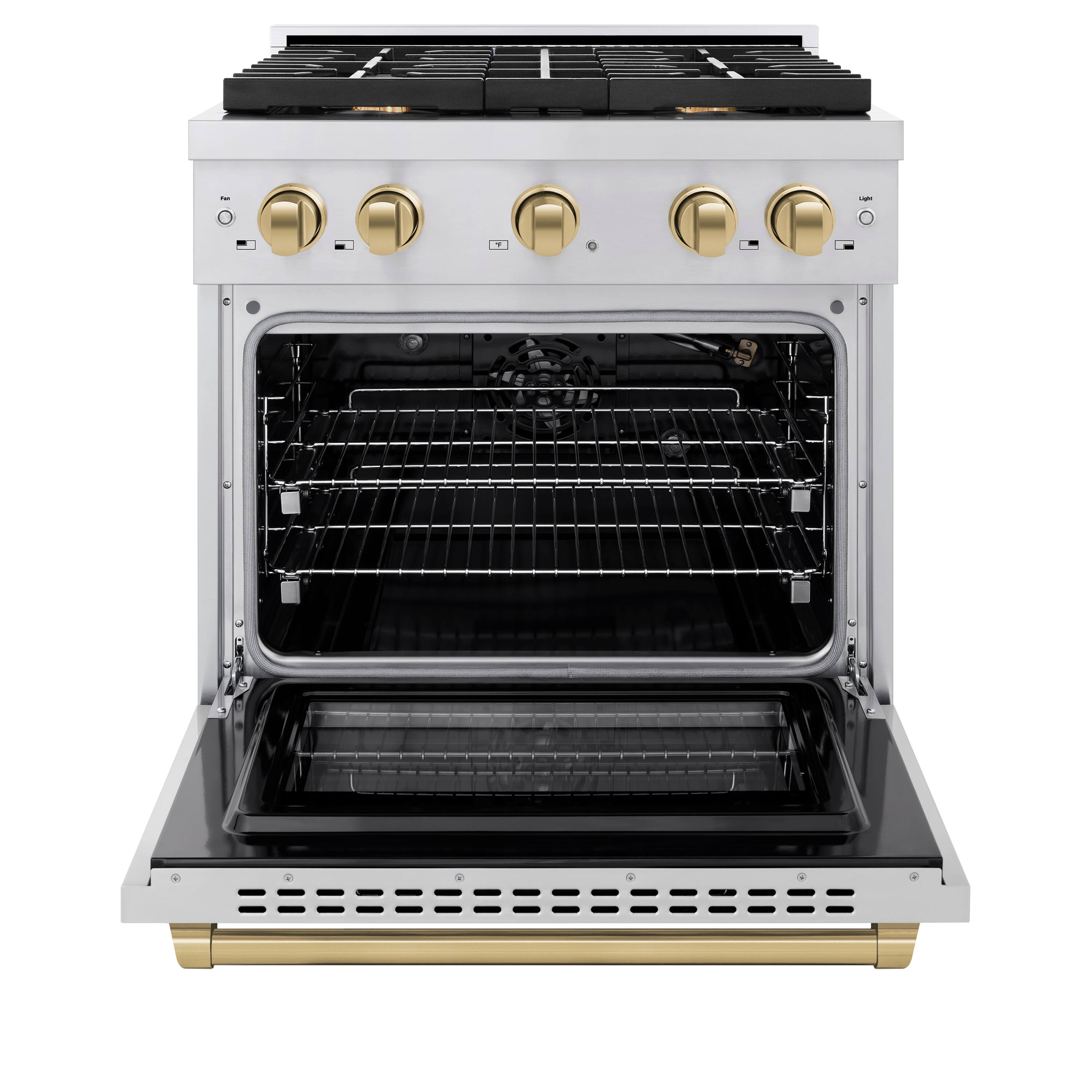 Angle. ZLINE - Autograph Edition 30" Paramount Gas Range w/ 4 Burners & Champagne Bronze Accents (SGRZ-30-CB) - Stainless Steel.