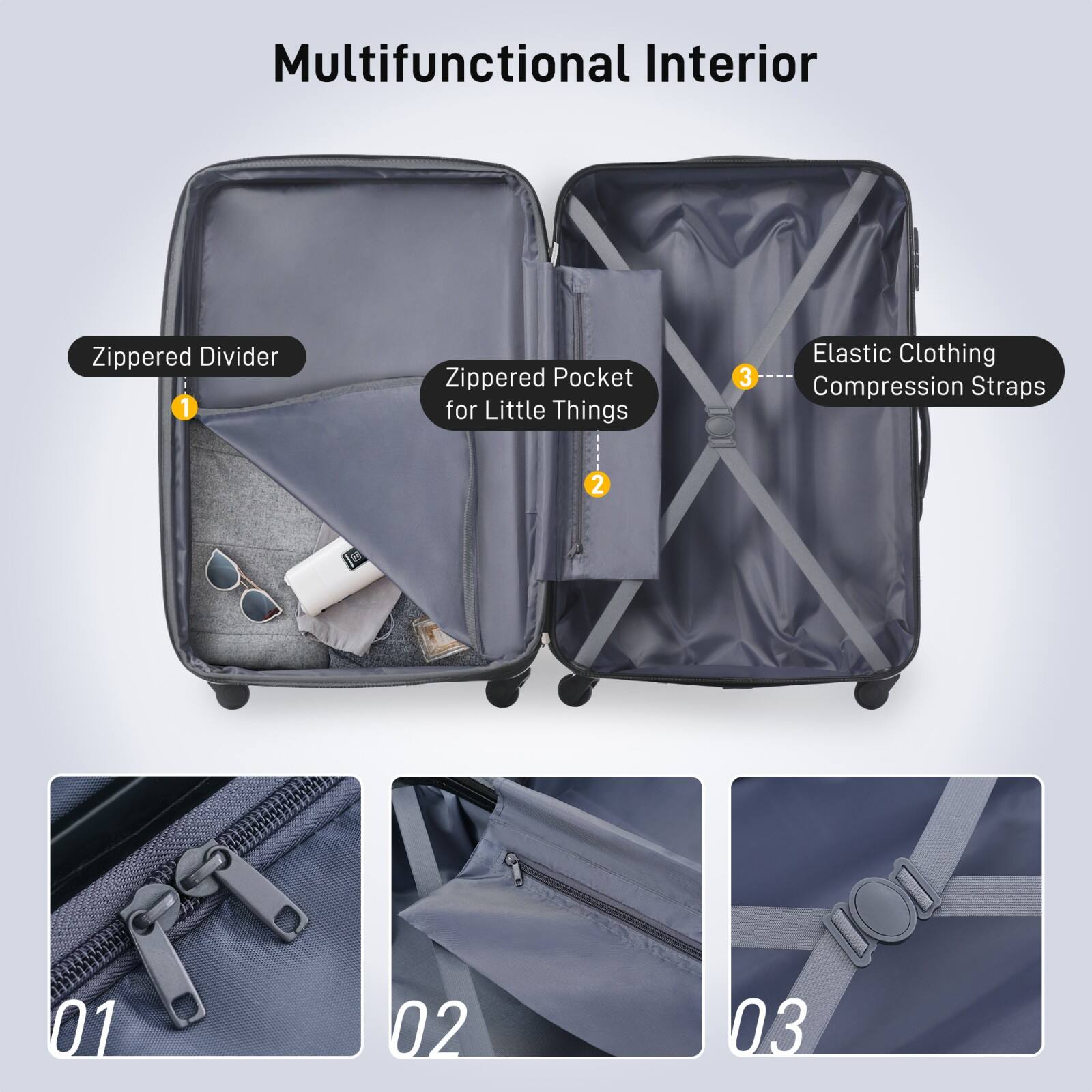 Multifunctional Interior

1. Zippered Divider
2. Zippered Pocket for Little Things
3. Elastic Clothing Compression Straps

01
02
03