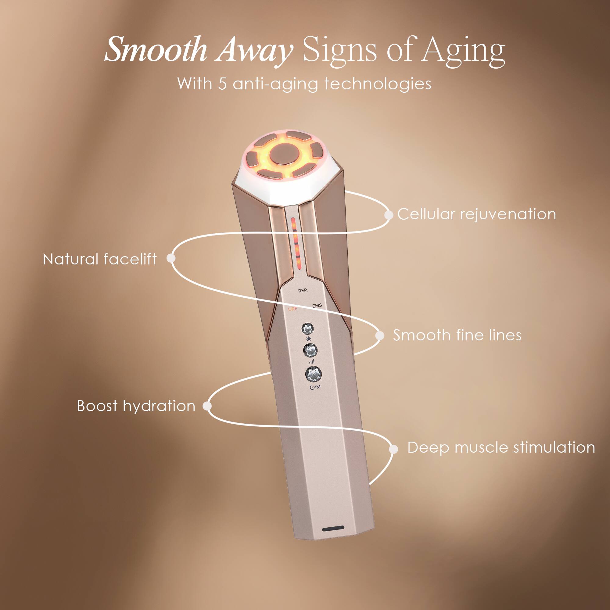 Smooth Away Signs of Aging With 5 anti-aging technologies

- Cellular rejuvenation
- Natural facelift
- Smooth fine lines
- Boost hydration
- Deep muscle stimulation