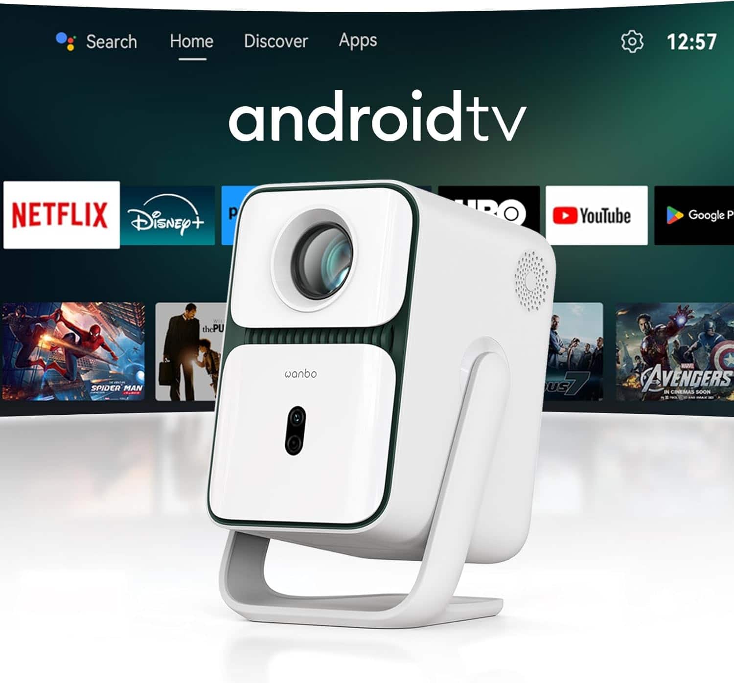 Wanbo - T2 Ultra Projector, 1080P Android TV 11, 500 ANSI, 120° Rotating Stand, Auto Focus & Keystone Correction, 2*5W Speaker - White