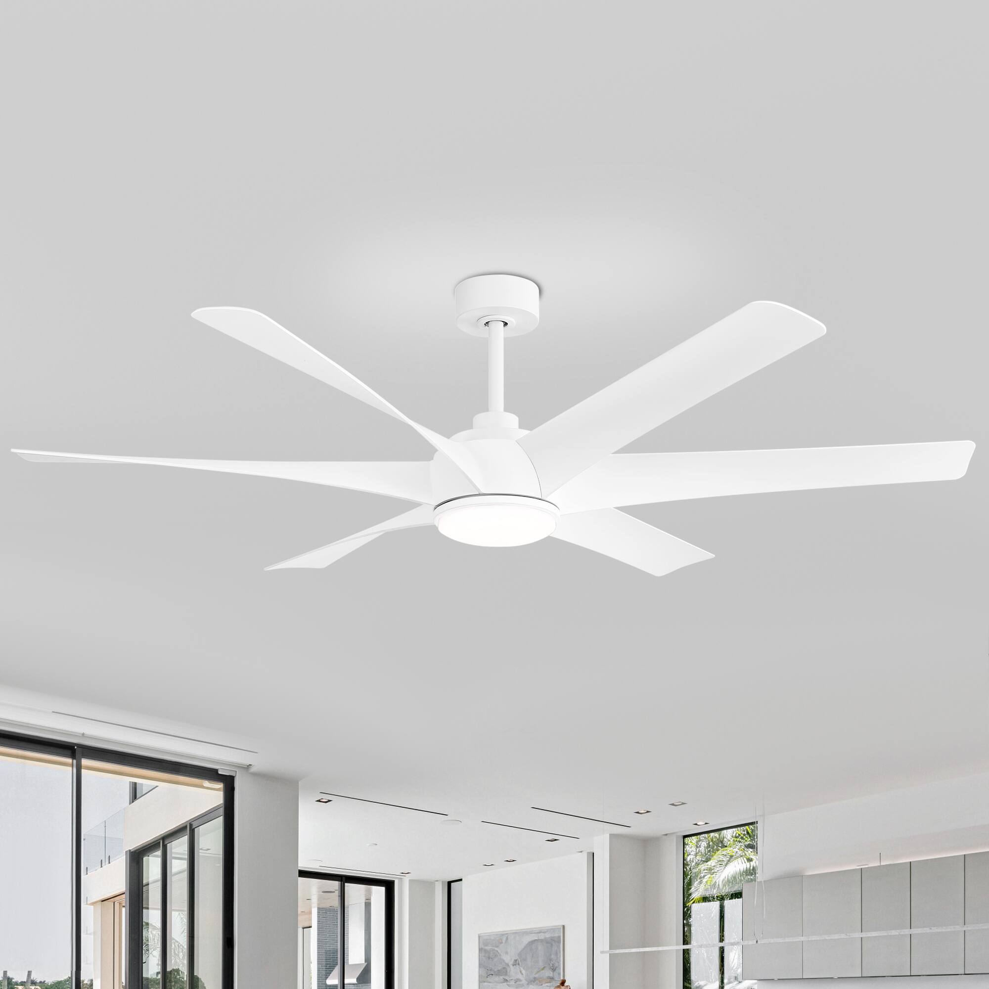 Alt View 1. Breezary - 65" Large Indoor Ceiling Fan with Remote Control, 6 ABS Blades, 6-Speed DC Motor, 7"/12" Downrods, Light/No Light Option - Matte White (With Light).