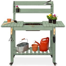 Best Choice Products - Wood Garden Potting Bench Workstation, Sliding Tabletop, 4 Locking Wheels, Dry Sink - Sage Green